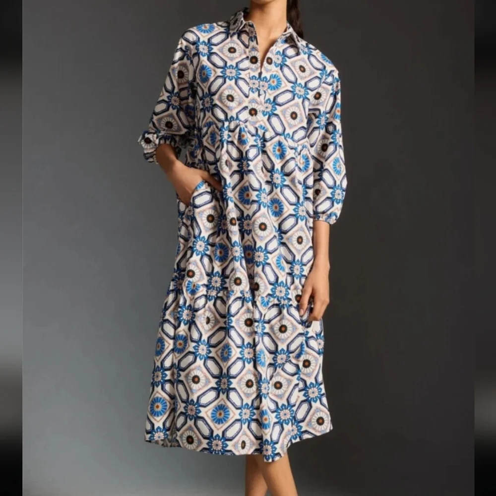 Maeve Anthropologie Blue White Pattern Midi Dress Bettina - Picture 2 of 10